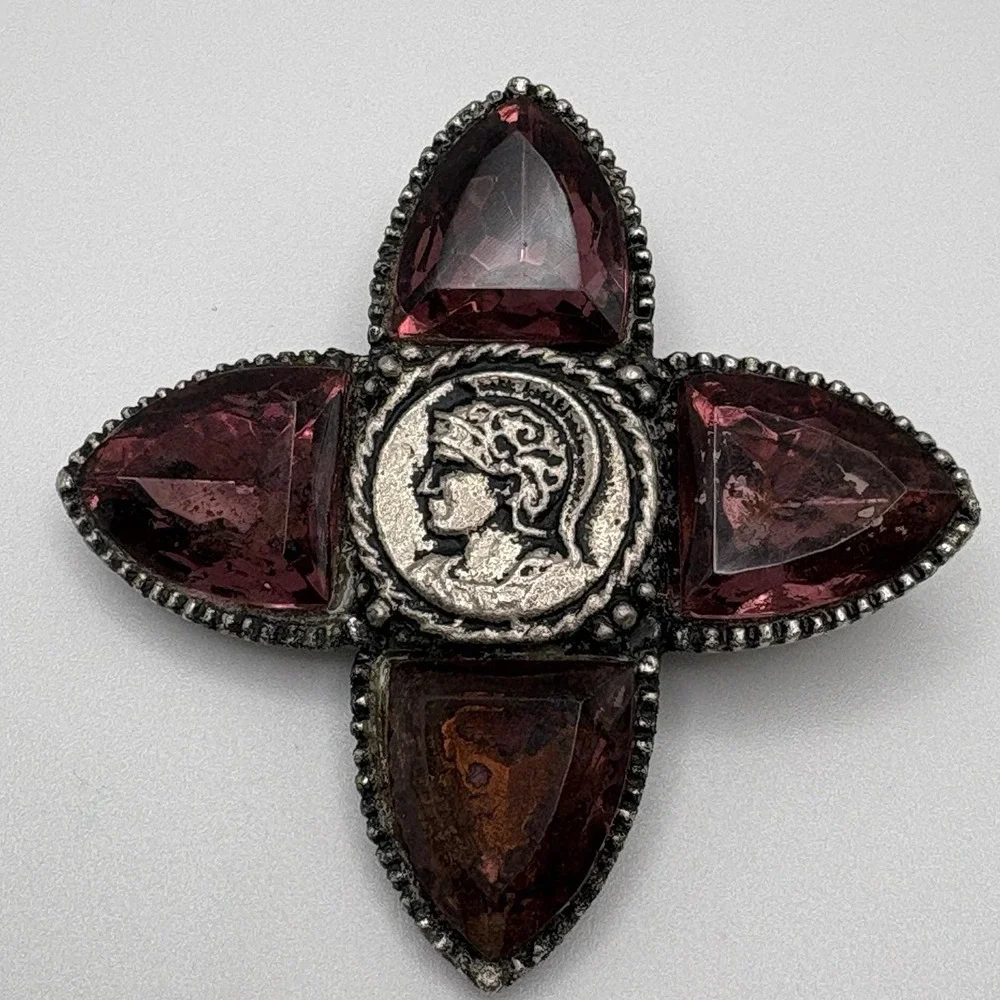 Vintage Glass Maltese Cross Medalion Brooch Purple Dark Silver Tone